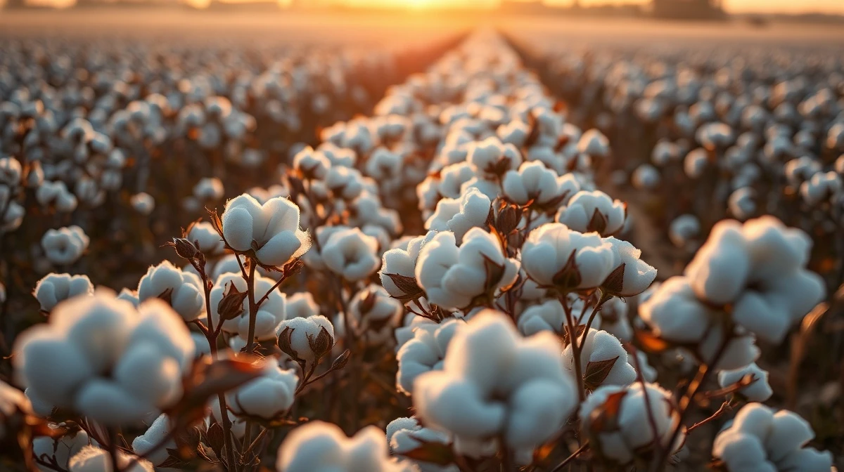 Cotton bolls in a field with soft morning light, representing commodity market movements.