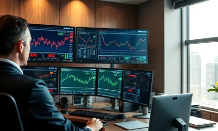 Trading desk monitors showing financial data and options activity for COUR, U, and OXY stocks.