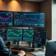 Trading desk monitors showing financial data and options activity for COUR, U, and OXY stocks.