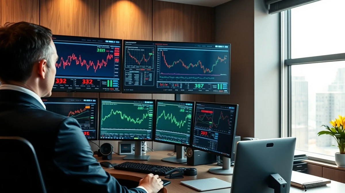 Trading desk monitors showing financial data and options activity for COUR, U, and OXY stocks.