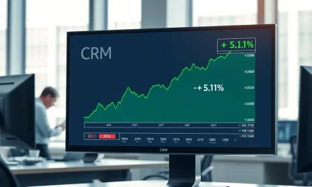 Salesforce CRM stock analysis showing 5.1% gain on financial ticker display in professional setting