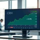 Salesforce CRM stock analysis showing 5.1% gain on financial ticker display in professional setting