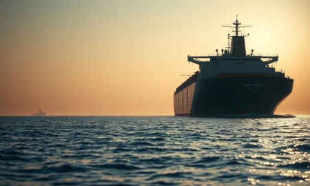 Oil tanker in the Strait of Hormuz as crude prices surge on geopolitical news.