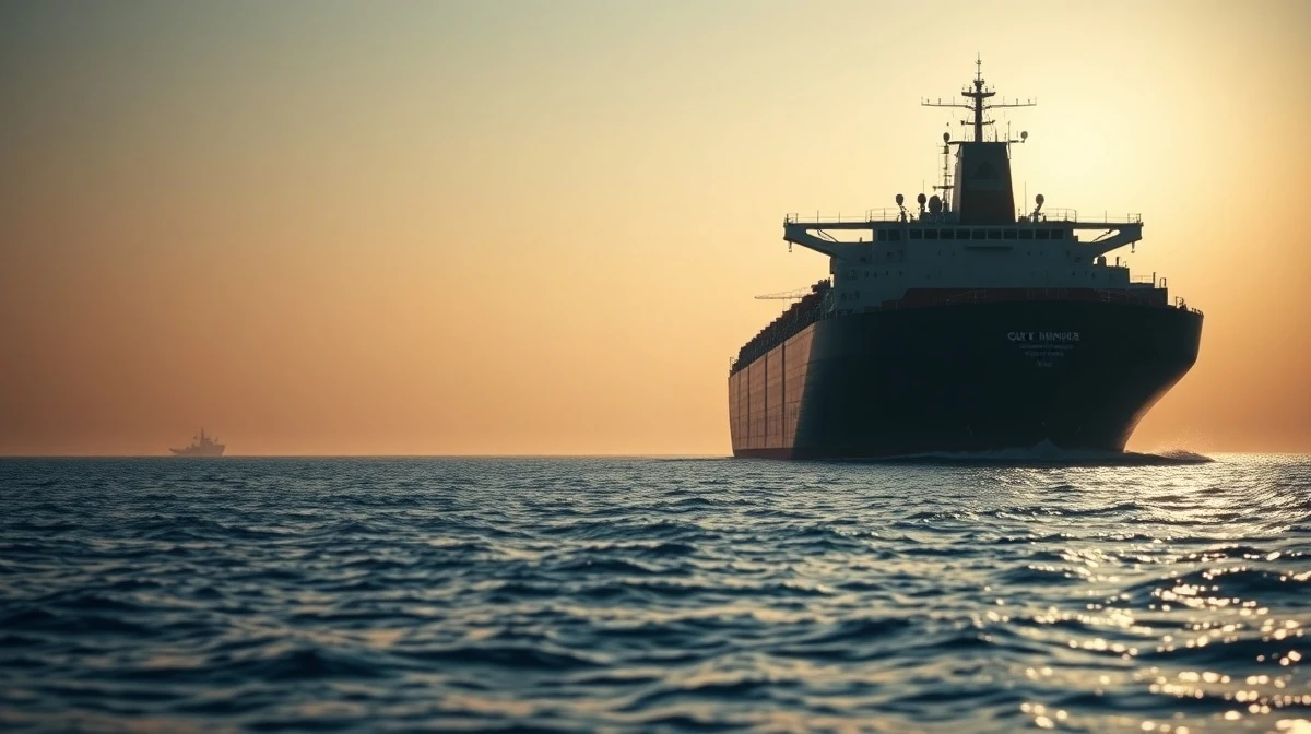 Oil tanker in the Strait of Hormuz as crude prices surge on geopolitical news.