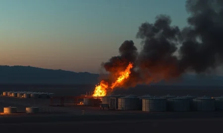 Middle Eastern oil depot at sunset following reported Israeli strikes on Iranian fuel facilities in March 2026