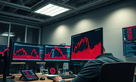 Financial monitor showing red cryptocurrency price charts after geopolitical news.
