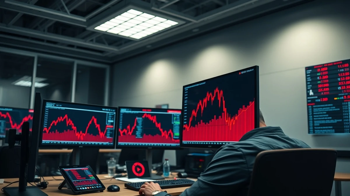 Financial monitor showing red cryptocurrency price charts after geopolitical news.