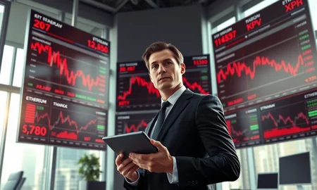 Financial analyst studies cryptocurrency market crash data showing Bitcoin, Ethereum, and XRP price predictions