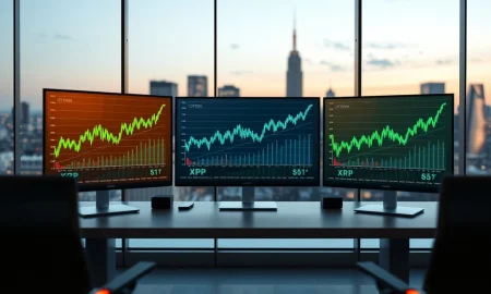 Breaking news on the crypto rally showing Bitcoin, Ethereum, and XRP price charts surging on trading desk monitors.