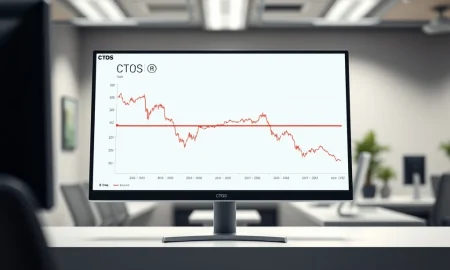 CTOS stock chart crossing below its 200-day moving average on a trading terminal.