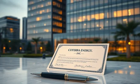 Coterra Energy Inc (CTRA) stock certificate and corporate headquarters representing the March 2026 ex-dividend date.