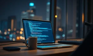 A developer's laptop showing code, representing the Cursor AI coding model built on Kimi.