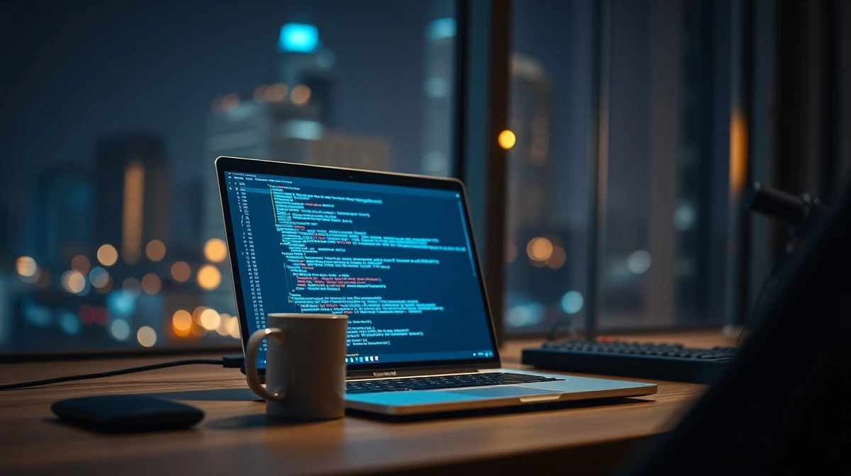 A developer's laptop showing code, representing the Cursor AI coding model built on Kimi.