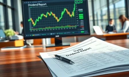 Daily dividend report on desk showing declarations for USB, MSFT, TGT, ADC, and ORCL stocks.