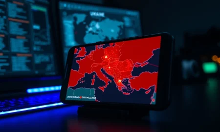 Smartphone displaying cyber threat targeting Ukraine linked to Darksword iPhone spyware.