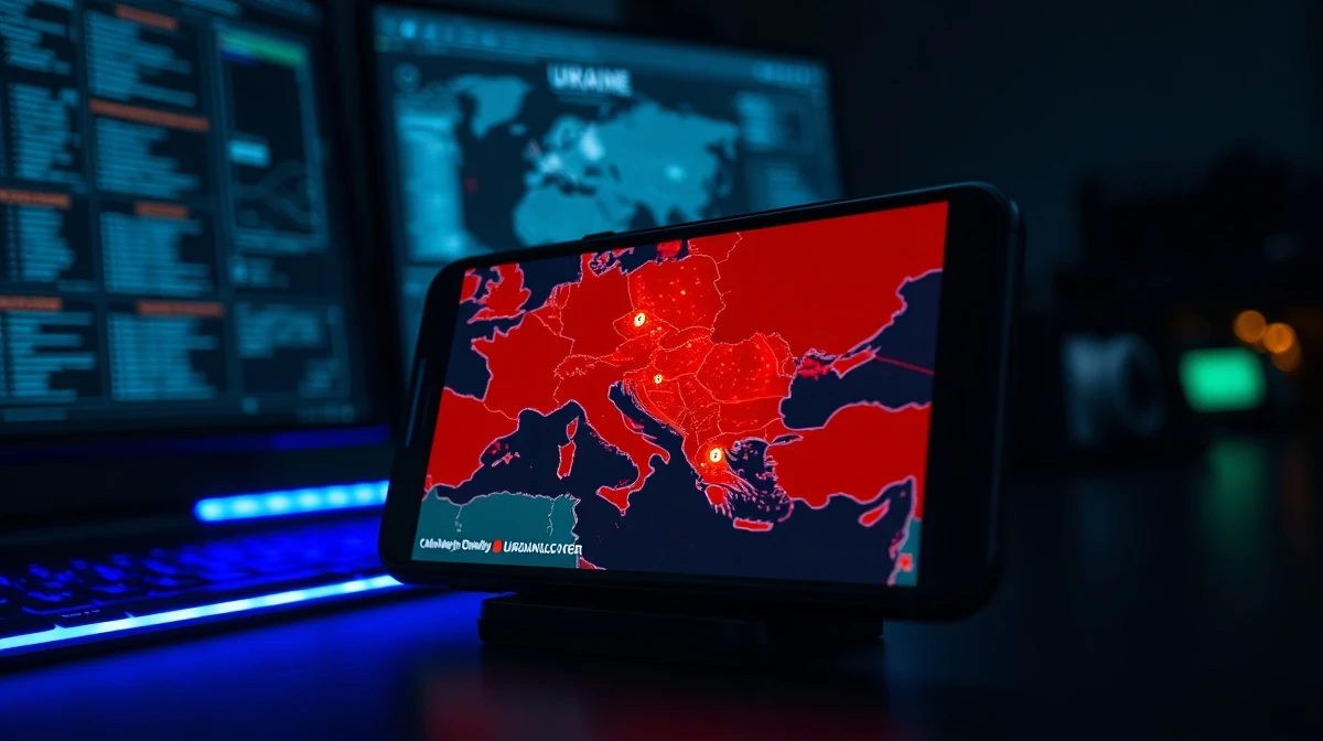 Smartphone displaying cyber threat targeting Ukraine linked to Darksword iPhone spyware.