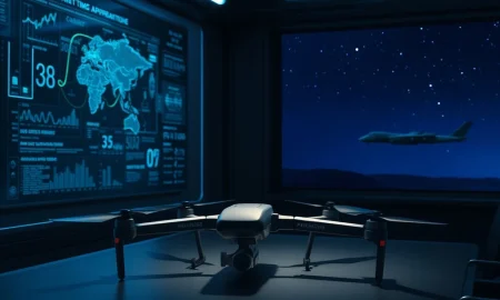 Modern defense technology command center with AI data visualization, tactical drone, and stealth bomber silhouette representing high-tech warfare stocks.
