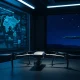 Modern defense technology command center with AI data visualization, tactical drone, and stealth bomber silhouette representing high-tech warfare stocks.