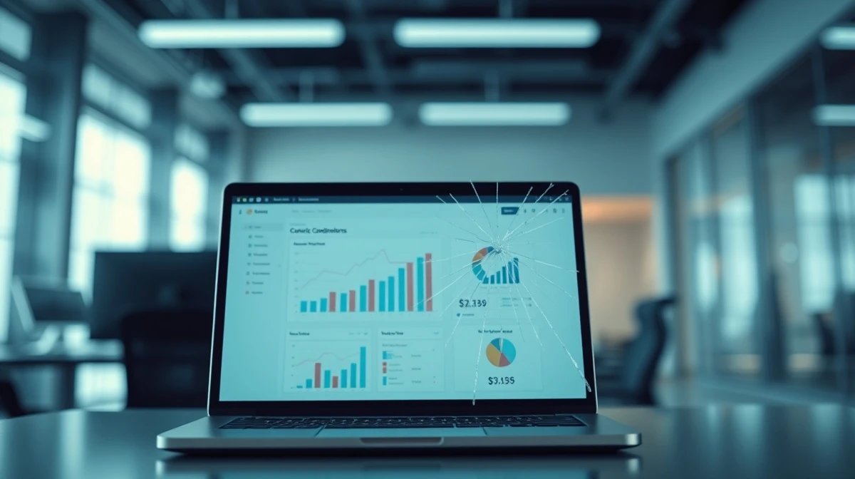 Laptop with cracked screen displaying a compliance dashboard, representing allegations against Delve.