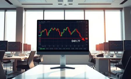 Trading desk monitor showing DFSU ETF chart crossing below its 200-day moving average on March 9, 2026.