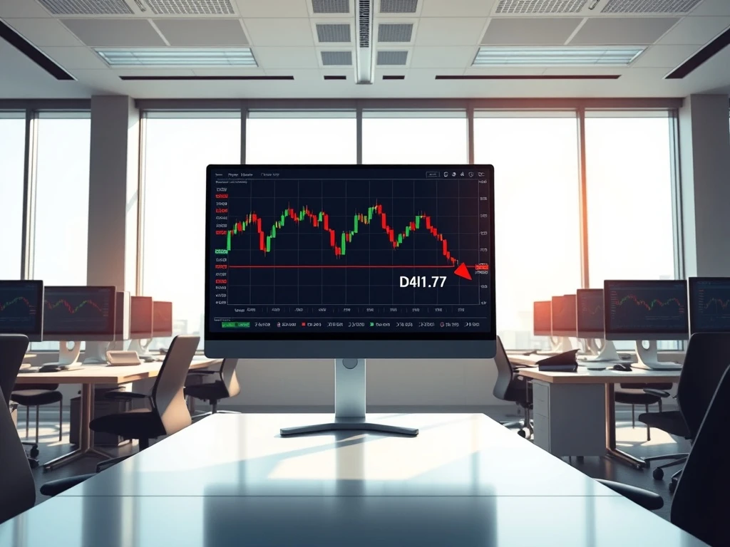 Trading desk monitor showing DFSU ETF chart crossing below its 200-day moving average on March 9, 2026.