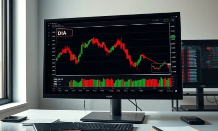 Trading desk monitor showing the DIA ETF chart entering oversold territory on March 9, 2026.