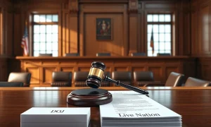 DOJ and Live Nation antitrust settlement legal documents in a federal courtroom.