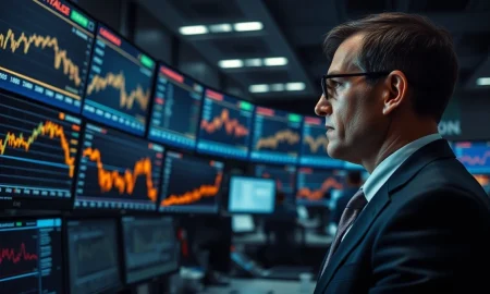 Trader monitors falling gold and currency prices on financial screens.