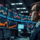 Trader monitors falling gold and currency prices on financial screens.
