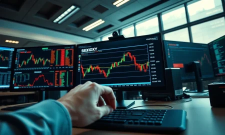 Financial trading desk with monitors showing US dollar currency charts and market data.