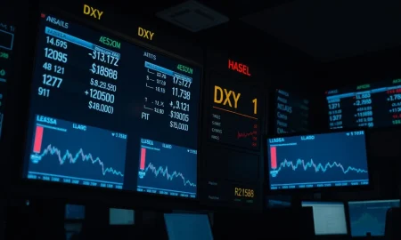 Financial trading screen showing the US dollar index rising amid Middle East conflict.