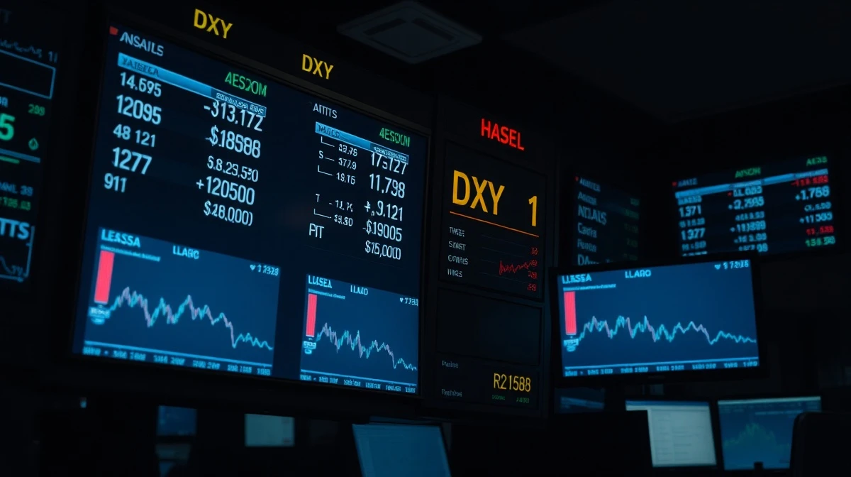 Financial trading screen showing the US dollar index rising amid Middle East conflict.