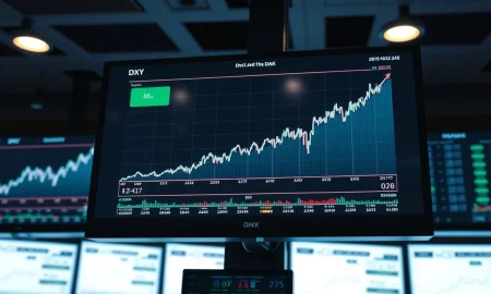 Financial trading screen showing U.S. dollar index chart rising amid market volatility.