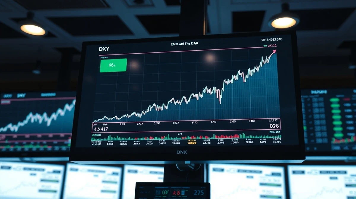 Financial trading screen showing U.S. dollar index chart rising amid market volatility.