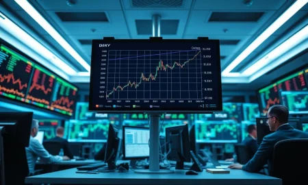 Financial trading floor monitors show the US dollar index rising on March 26, 2026.