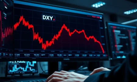 US Dollar Index DXY chart plunging on weak payroll report data on a trading desk monitor.