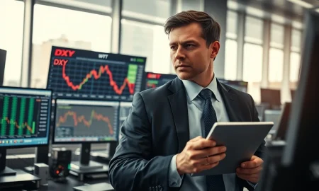 Trader analyzes falling dollar index and oil prices on financial trading floor monitors during market volatility