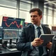 Trader analyzes falling dollar index and oil prices on financial trading floor monitors during market volatility
