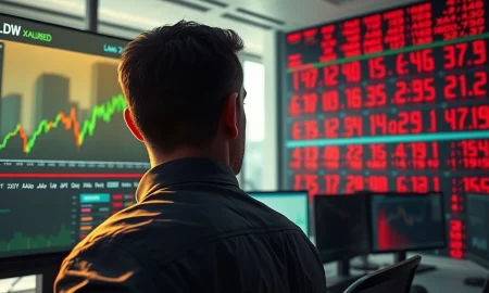 Trader monitors surging US dollar index and falling gold prices on screen during stock market decline.