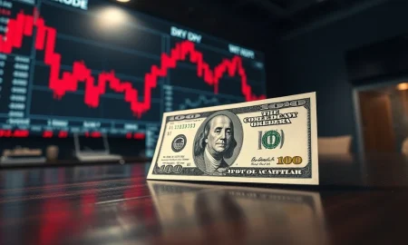 U.S. dollar bill with falling oil price charts in background, representing market volatility on March 11, 2026.