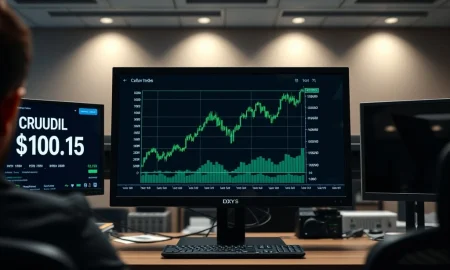 Trading desk monitor showing US dollar index DXY chart rising as oil price hits $100 per barrel in March 2026.