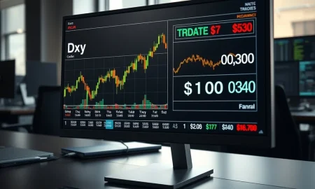 DXY dollar index and oil price charts spiking on trading desk monitor showing March 2026 currency market movement