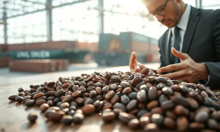 Cocoa beans on a table with market charts in background, illustrating cocoa futures volatility.