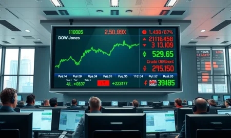 Dow Jones Industrial Average rises as oil prices plunge on trading floor display.