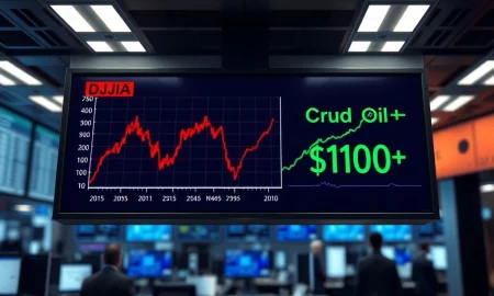 Stock market ticker showing Dow Jones decline and crude oil price surge past $100 a barrel.