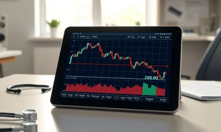 Doximity stock chart showing oversold RSI indicator on healthcare professional's tablet