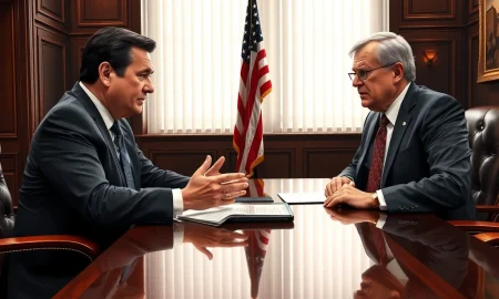 Transportation Secretary Duffy confronts Senator Schumer over the DHS funding standoff in a Washington office.
