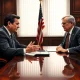 Transportation Secretary Duffy confronts Senator Schumer over the DHS funding standoff in a Washington office.