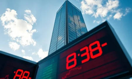 ECB Eurotower in Frankfurt with stock ticker, representing market reaction to oil shock and hawkish signals.