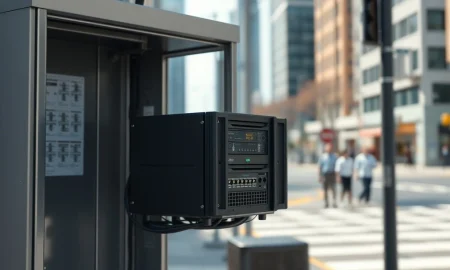 Edge AI infrastructure hardware deployed in an urban setting for reduced latency in 2026.